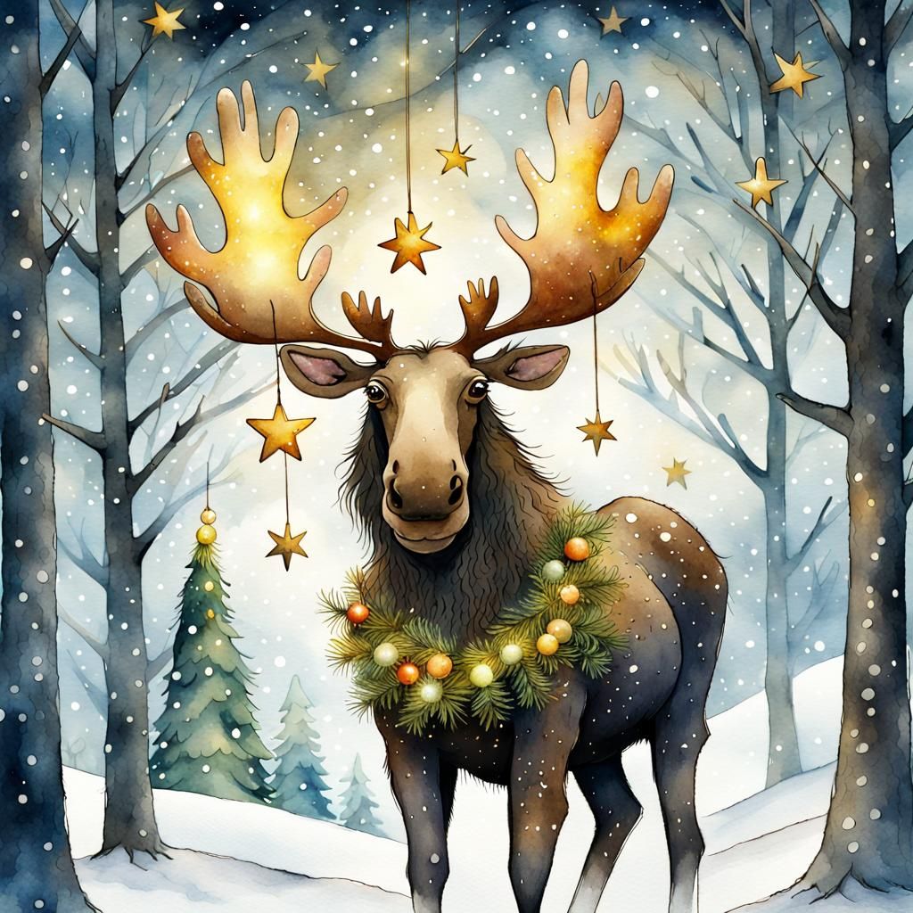 Festive Moose Decorates Christmas Tree in Watercolor