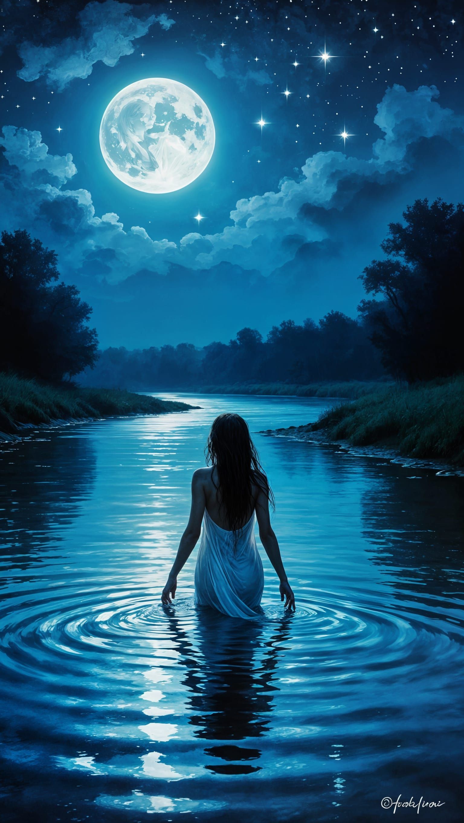 Luminous River Goddess in Ethereal Moonlight