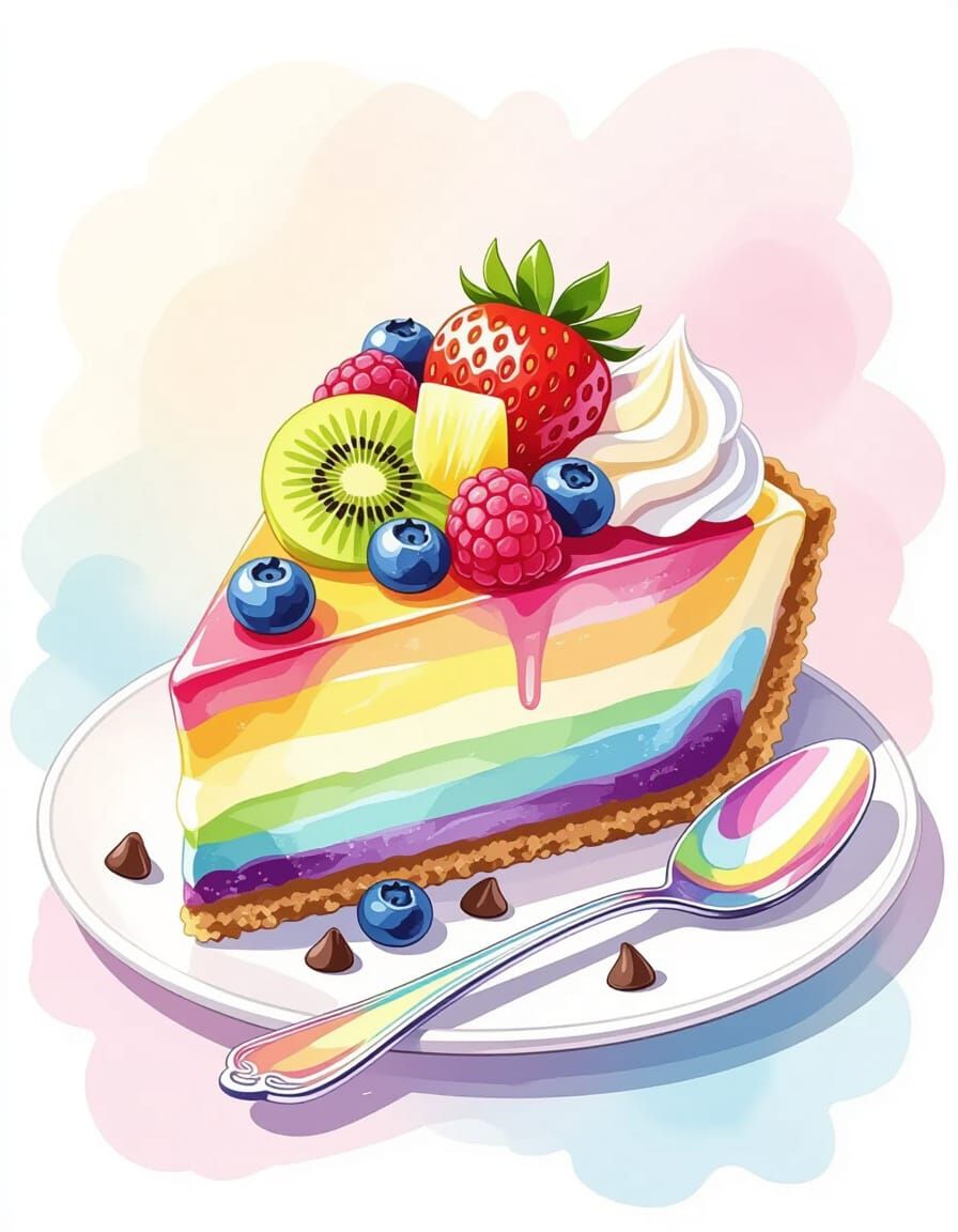 Rainbow Cheesecake Slice with Berries in Watercolor
