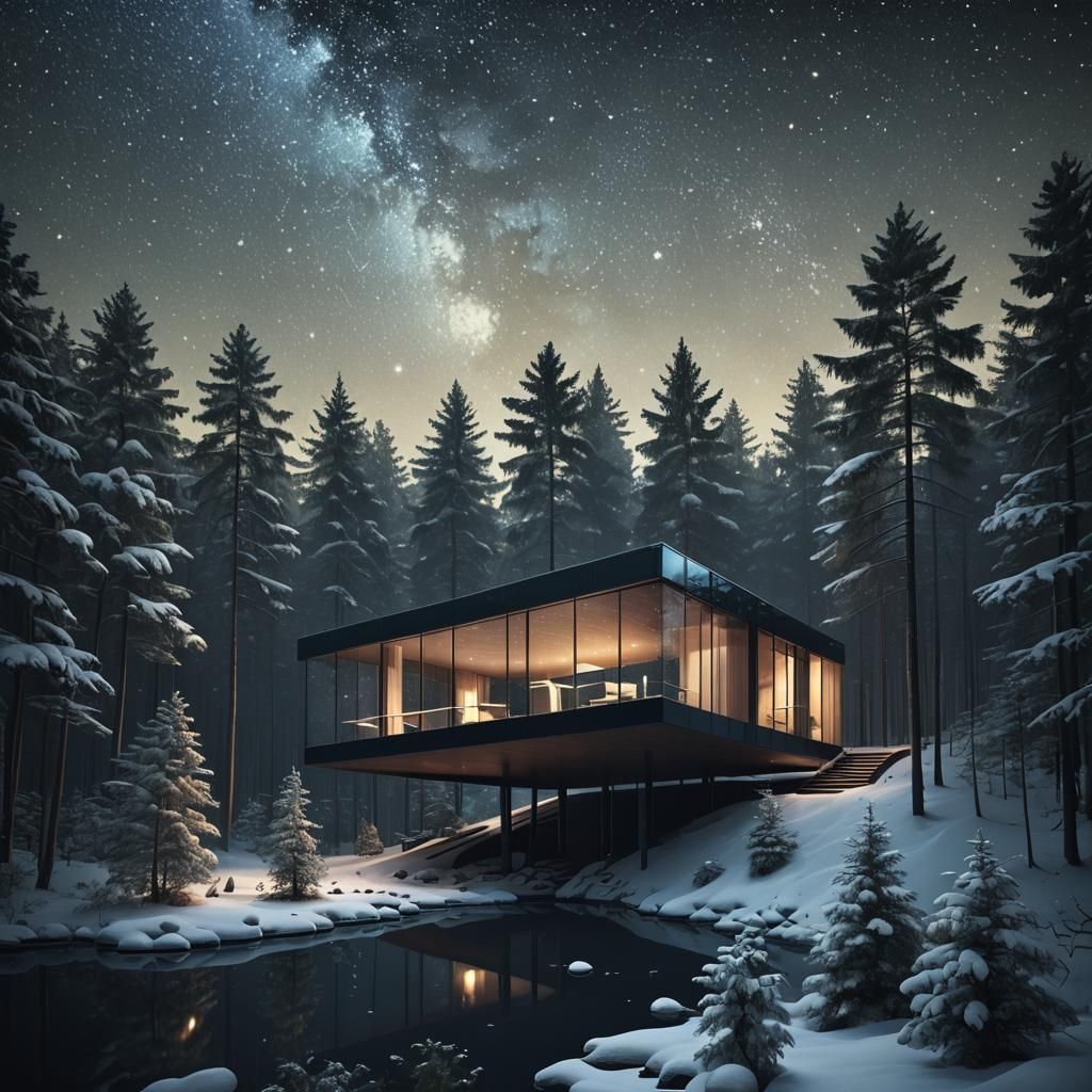Cabin in Forest at Night in Postmodern Style