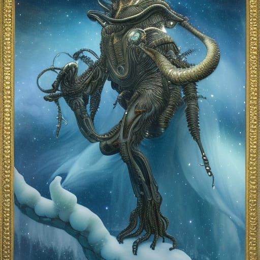 Alien Creature in Arctic Landscape with Polar Lights