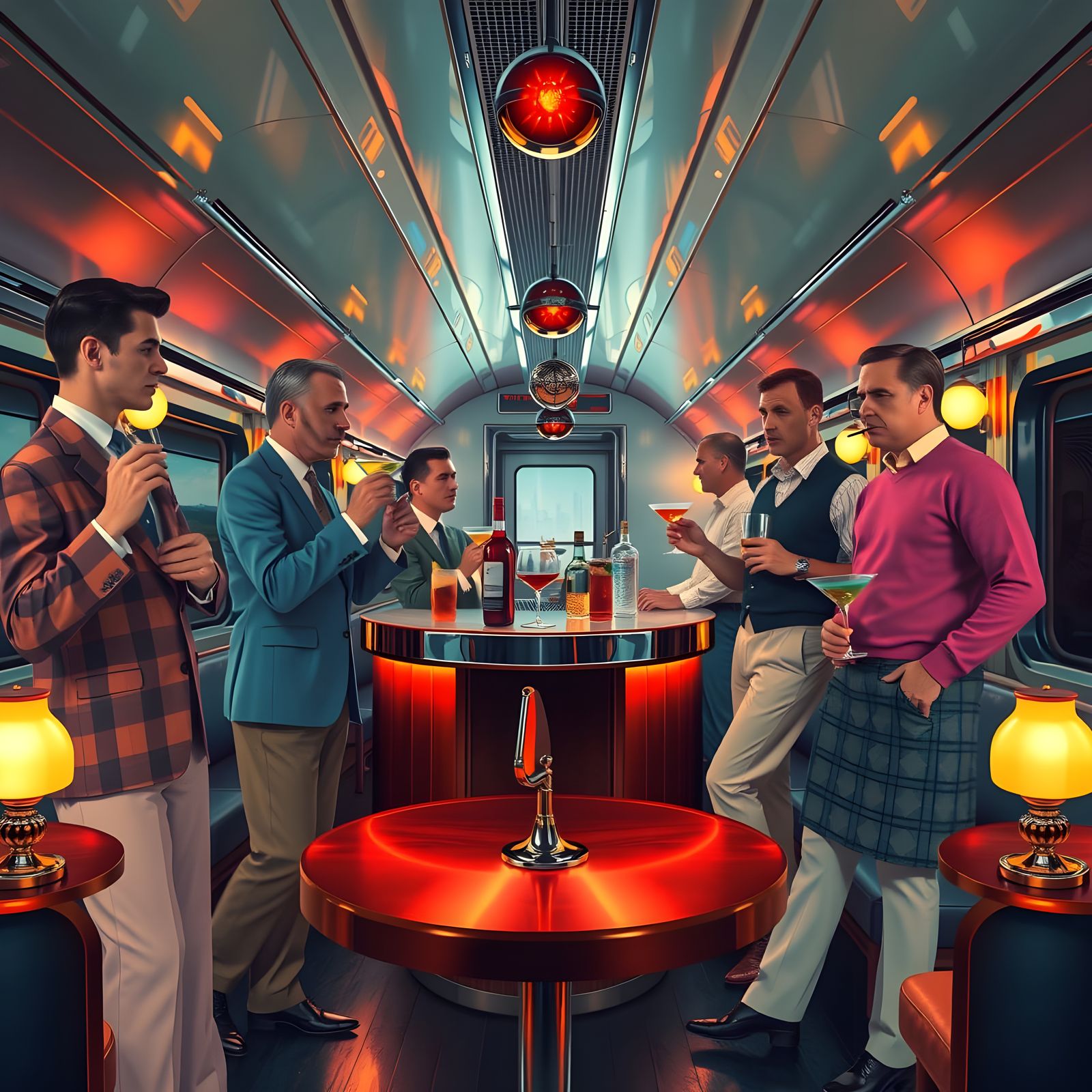 Retro-Futuristic Art Deco Train Bar Car Scene