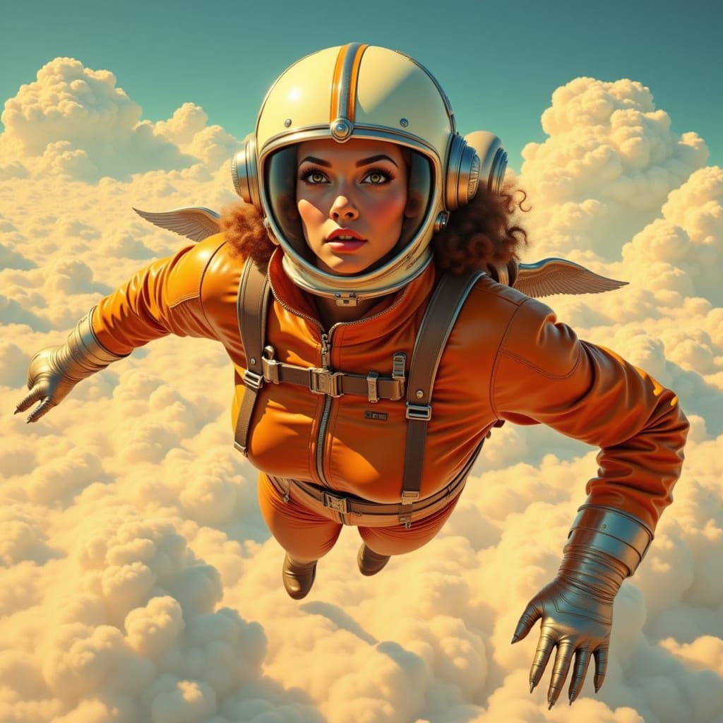 Vintage-Futurism Pilot Soars Through Clouds in Sleek Leather...
