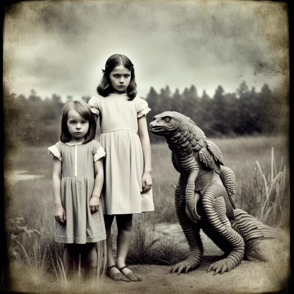 Cryptid Creature and Girl in Vintage Photo
