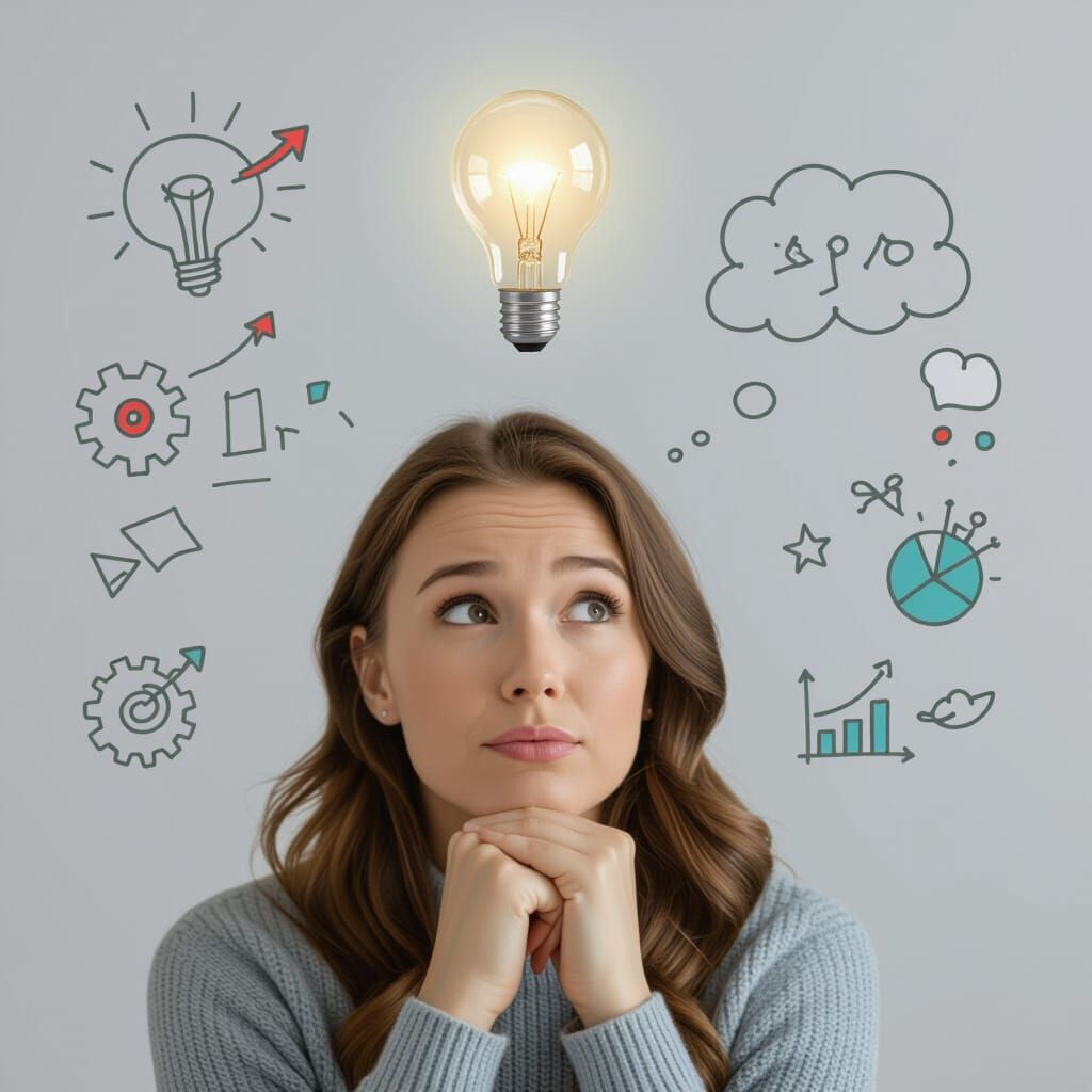 Woman's Eureka Moment with Floating Light Bulb