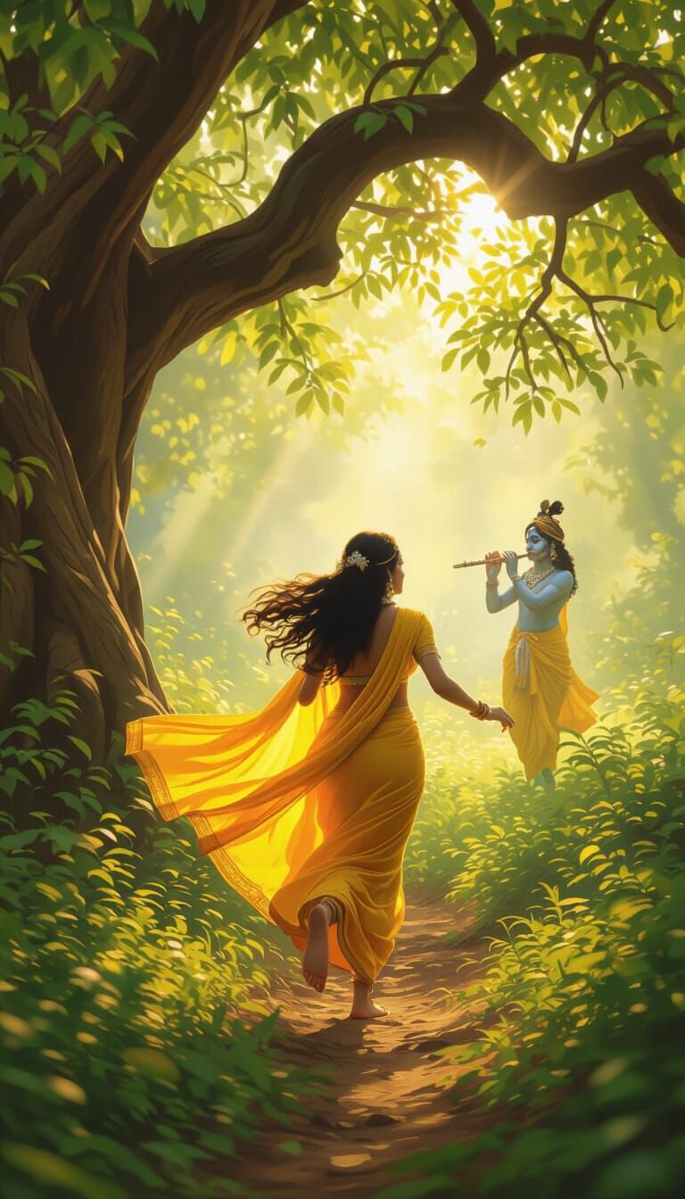 Radha Chasing Krishna in Sun-Dappled Forest