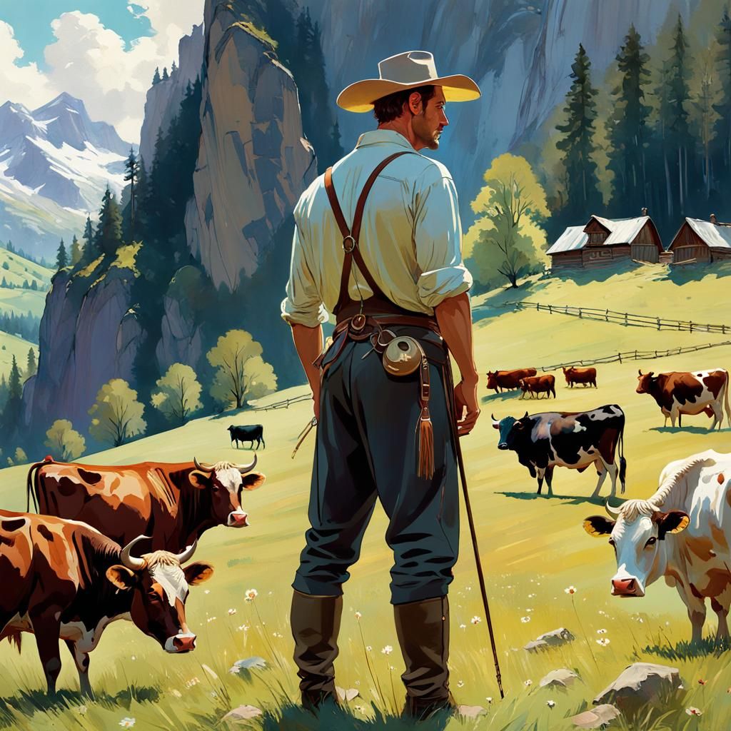 Melancholy Cowherd in Mountain Landscape, Fine Art