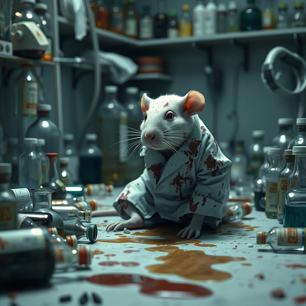 Exhausted Lab Mouse Amidst Laboratory Chaos