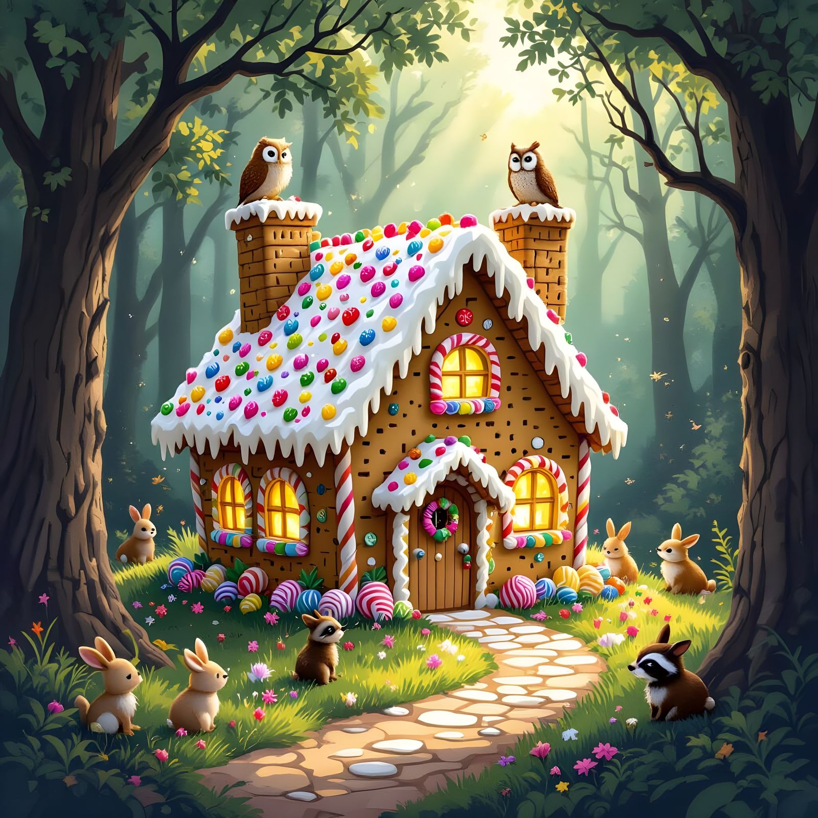 Enchanting Gingerbread House in a Sunlit Forest
