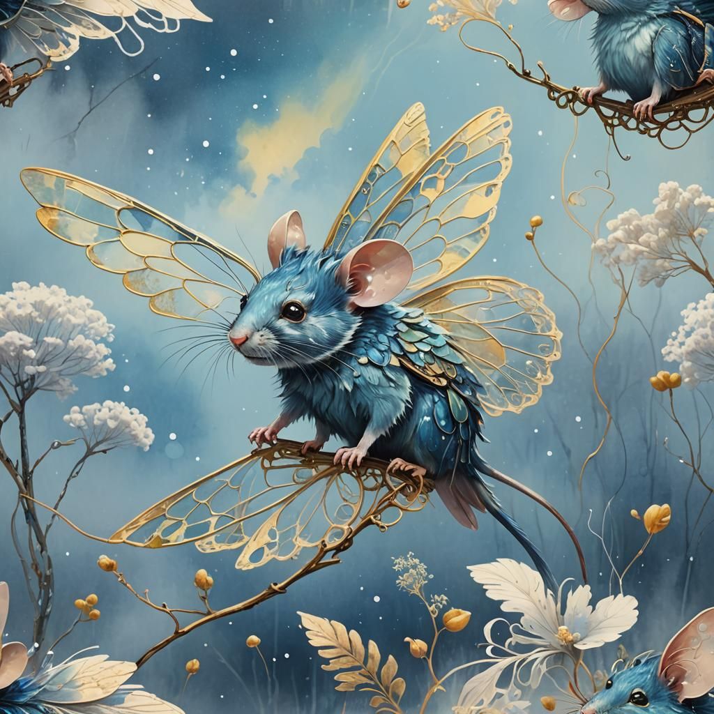 Winged Mouse in Mystical Realm as Digital Art
