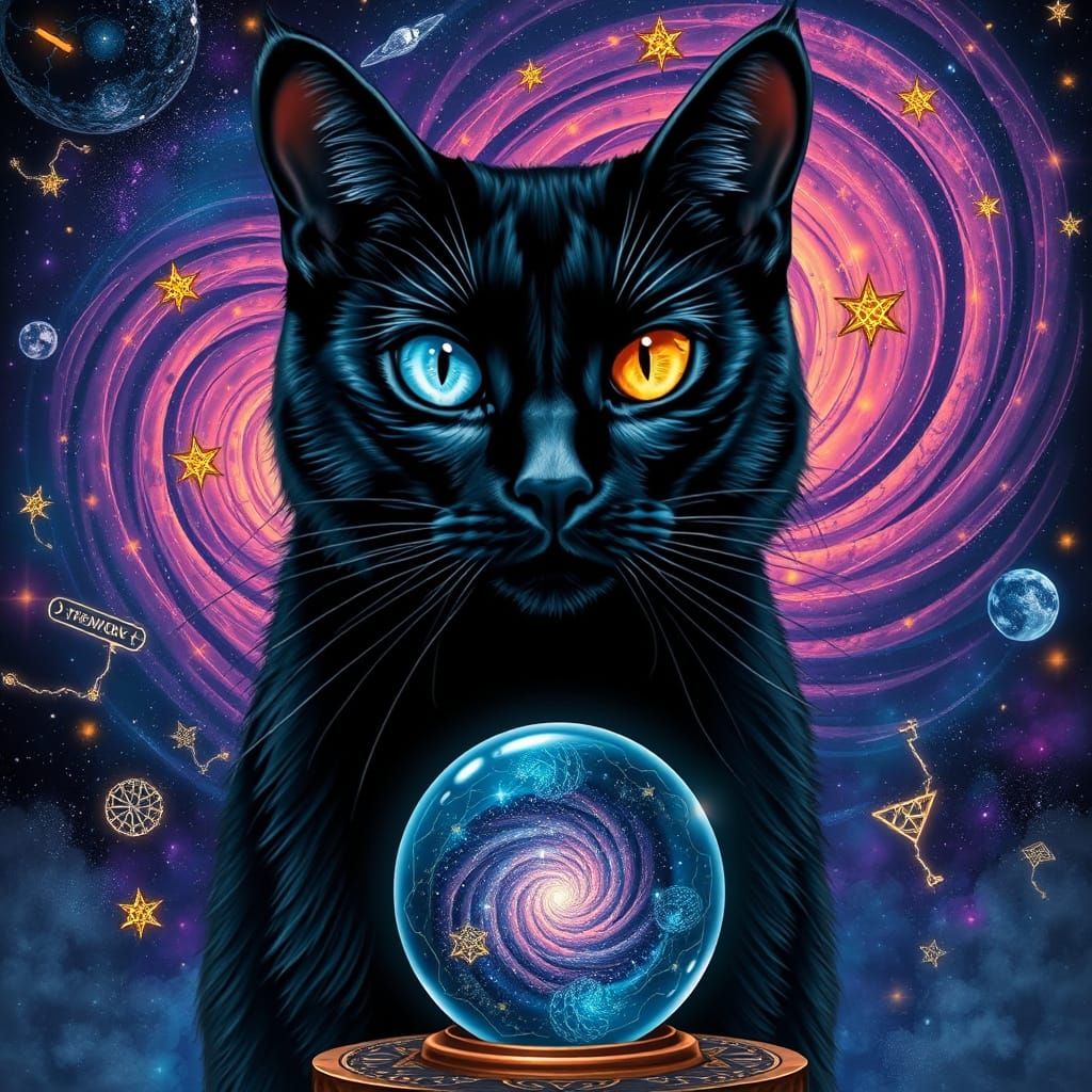 Black Cat Gazes at Galaxy in Crystal Ball