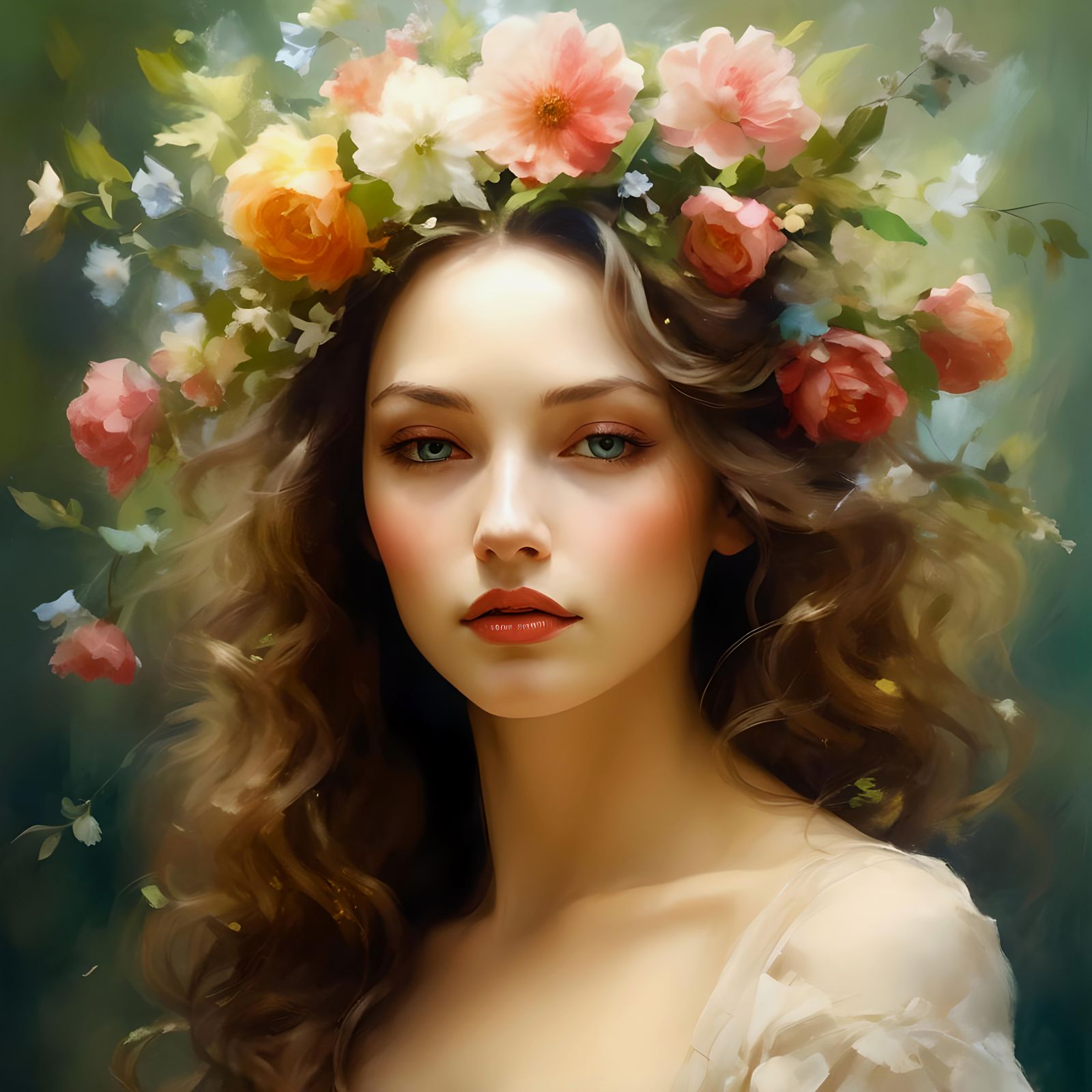 Woman with Floral Crown in Dreamy Gaze