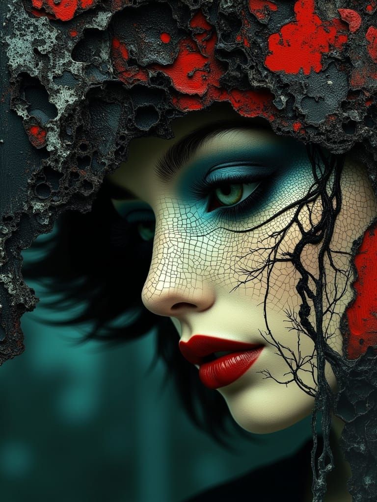 Gothic Surreal Portrait with Cracked Porcelain Skin