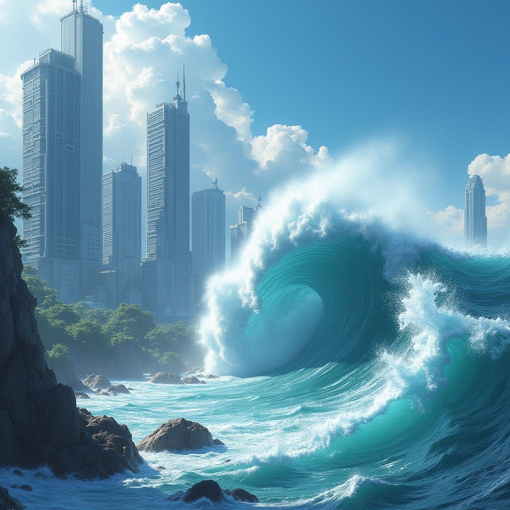 Dystopian Tsunami Crash in Futuristic Cityscape