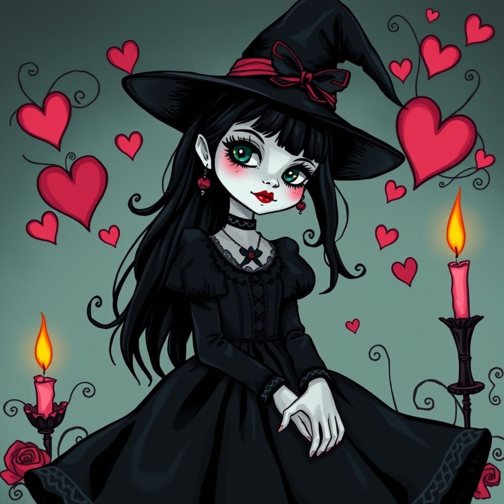 Victorian Gothic Witch in a Valentine's Day Wonderland