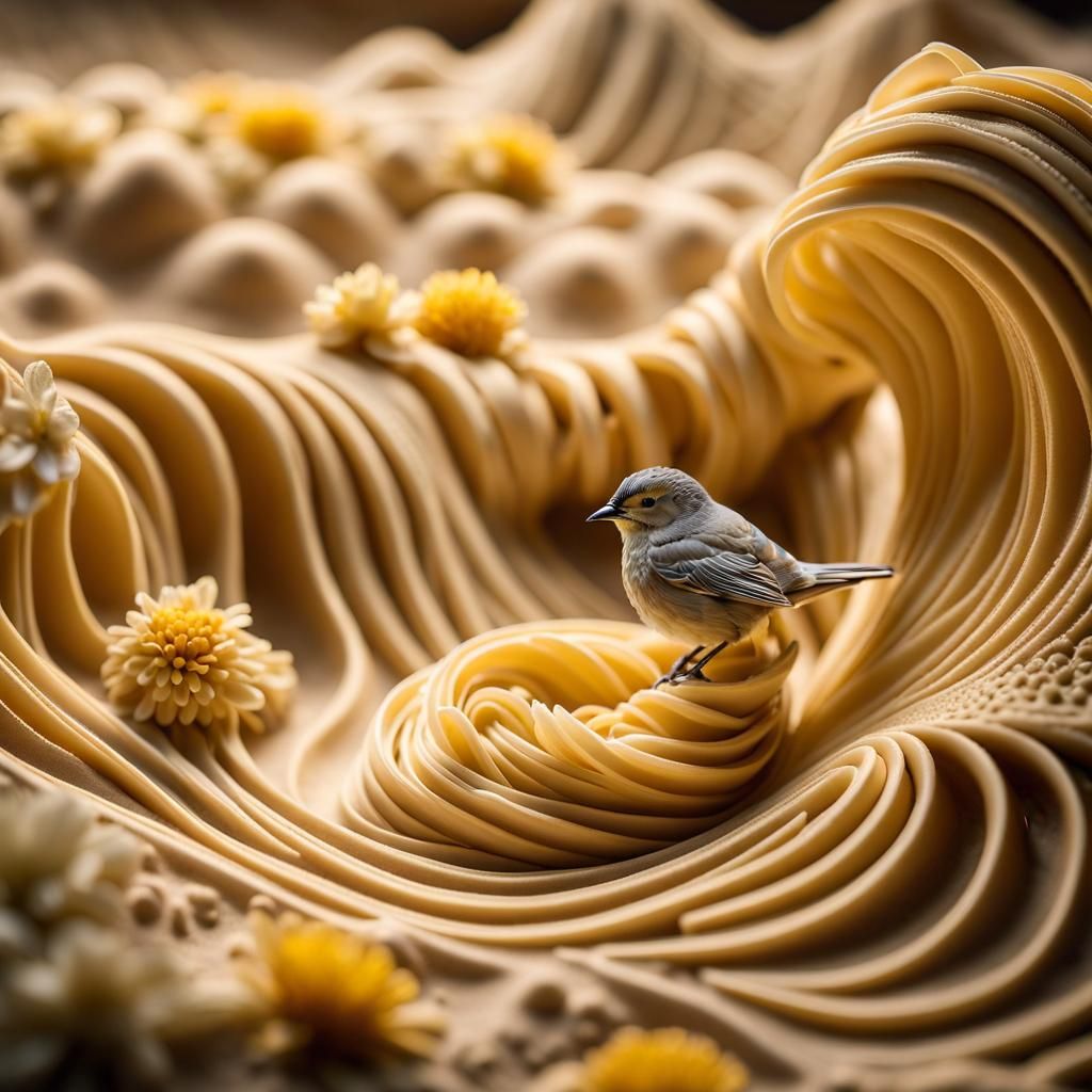Bird and Flowers in Pasta Wave Sand Sculpture