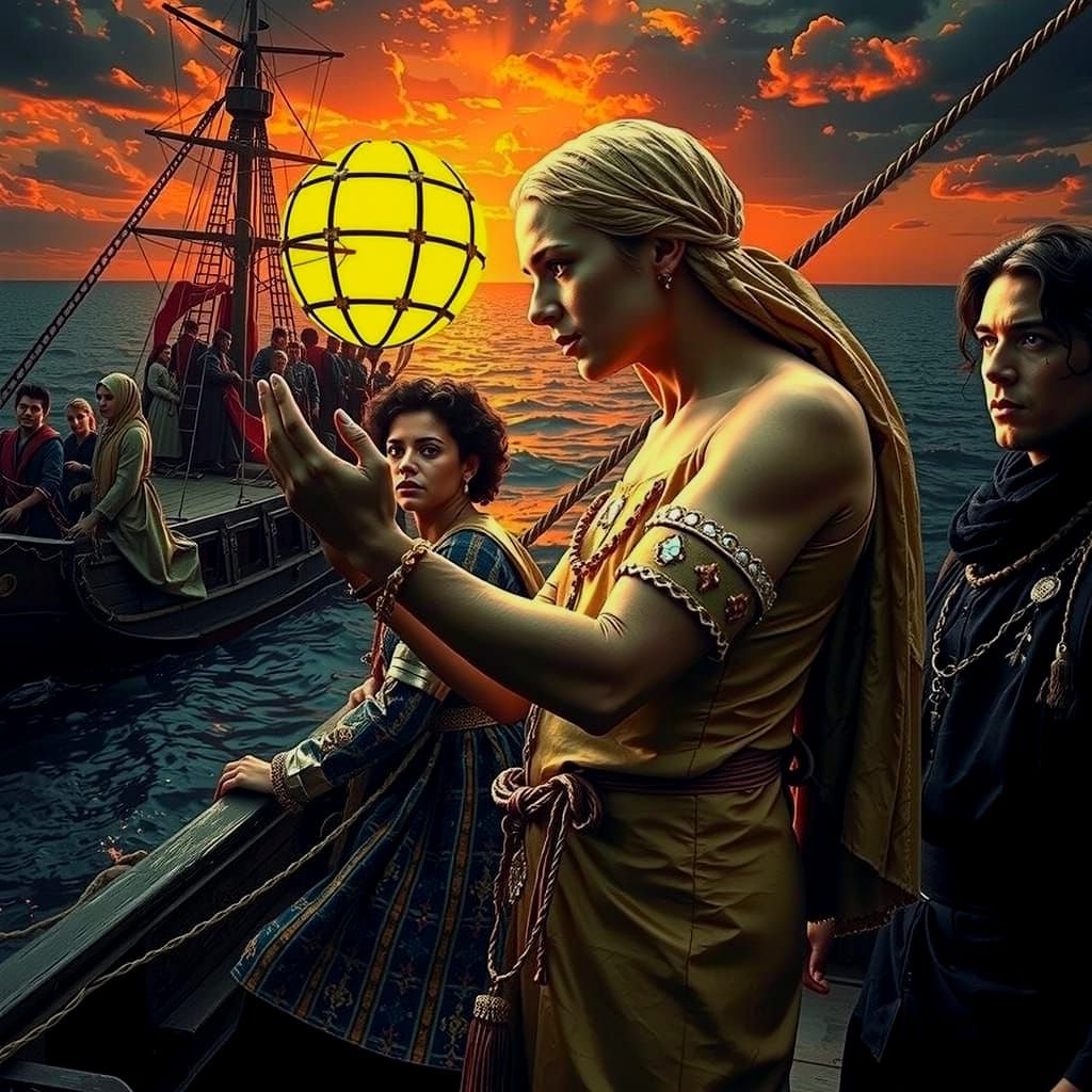 Medieval Ship at Sunset with Eccentric Travelers