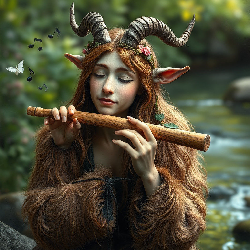 Faun Playing Flute by Stream, Brian Froud Style