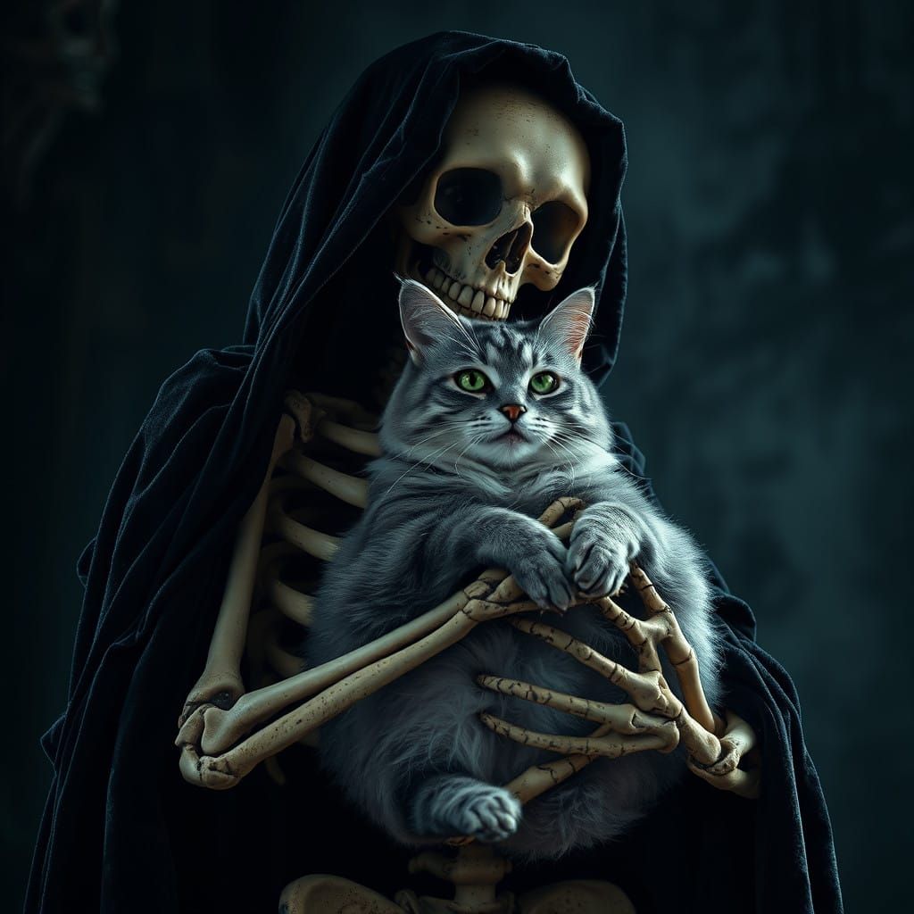 Gothic Skeleton Tenderly Holds a Plump, Grey Cat with Pierci...