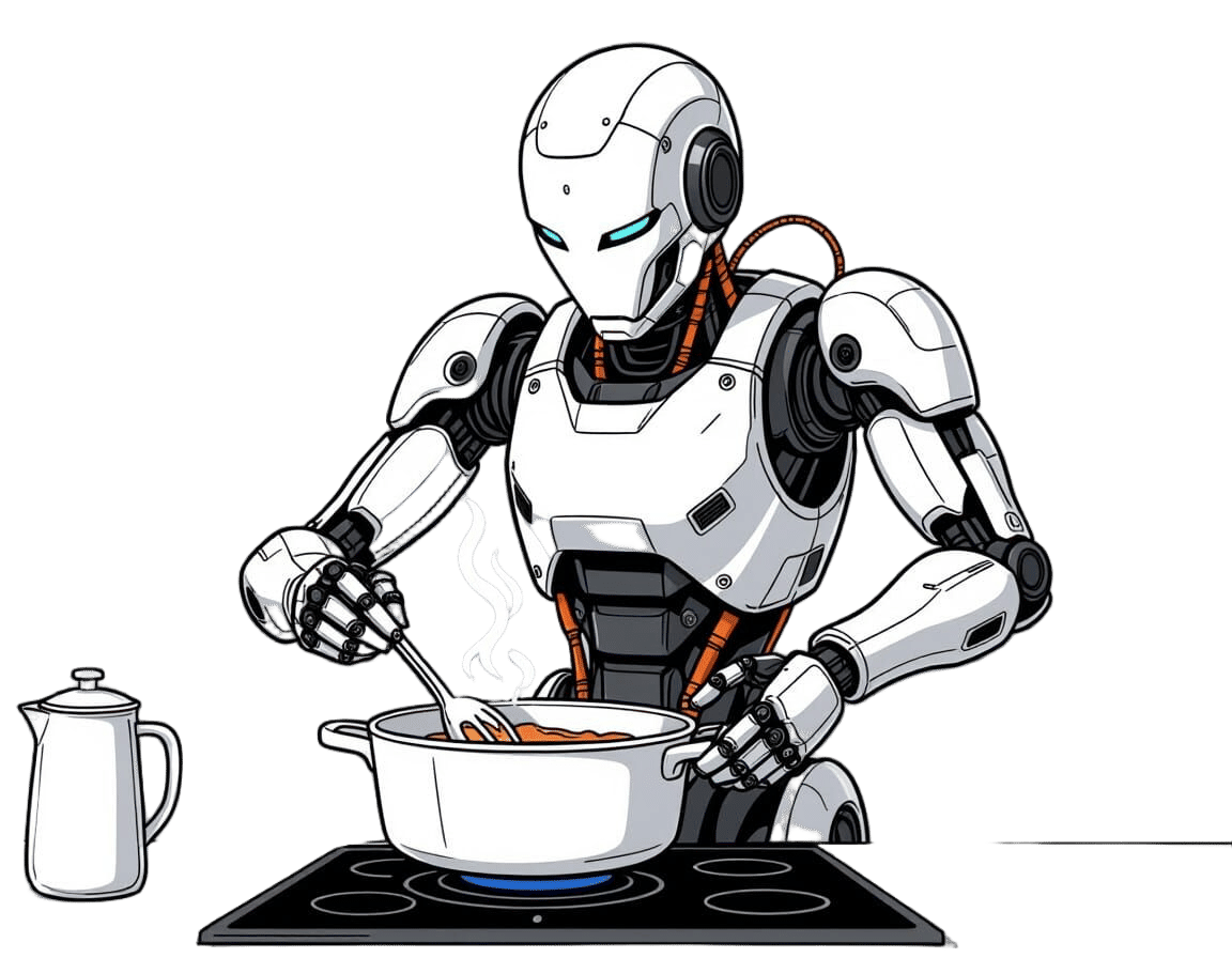 Detailed Humanoid Robot Cooking in Sketchy Line Art Style