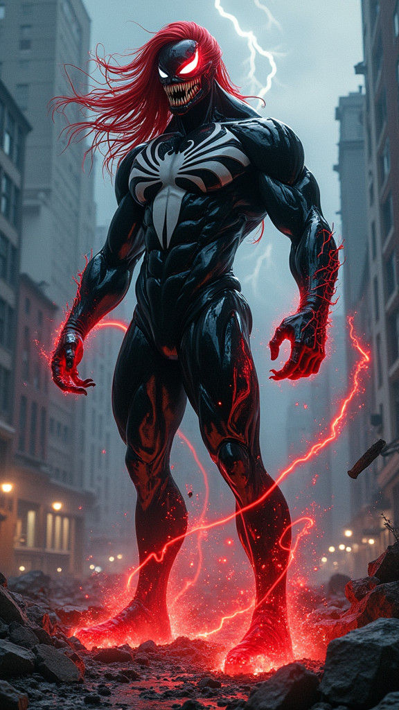 Venom and Scarlet Witch Fusion in Stormy Cityscape
