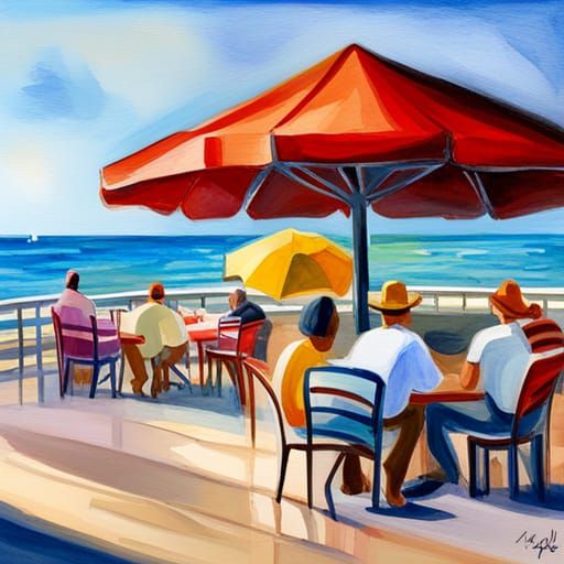 Beach Boardwalk Restaurant: Colorful Watercolor Impressionis...