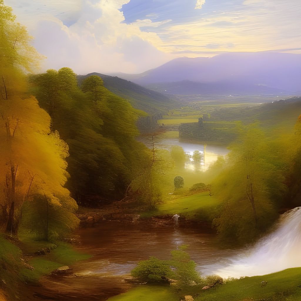 Idyllic Valley Landscape in Classical Oil Painting Style