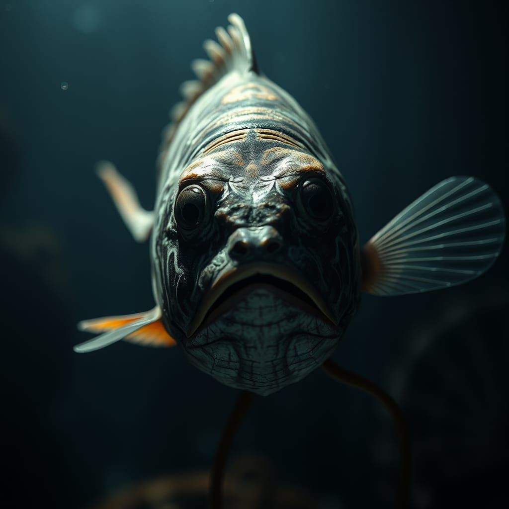 Surreal Fish with Human Face, Hyperrealistic Style