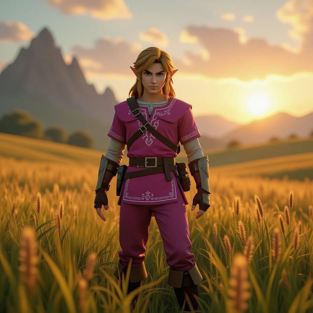 Realistic Link in Pink Attire, Cinematic Film Still