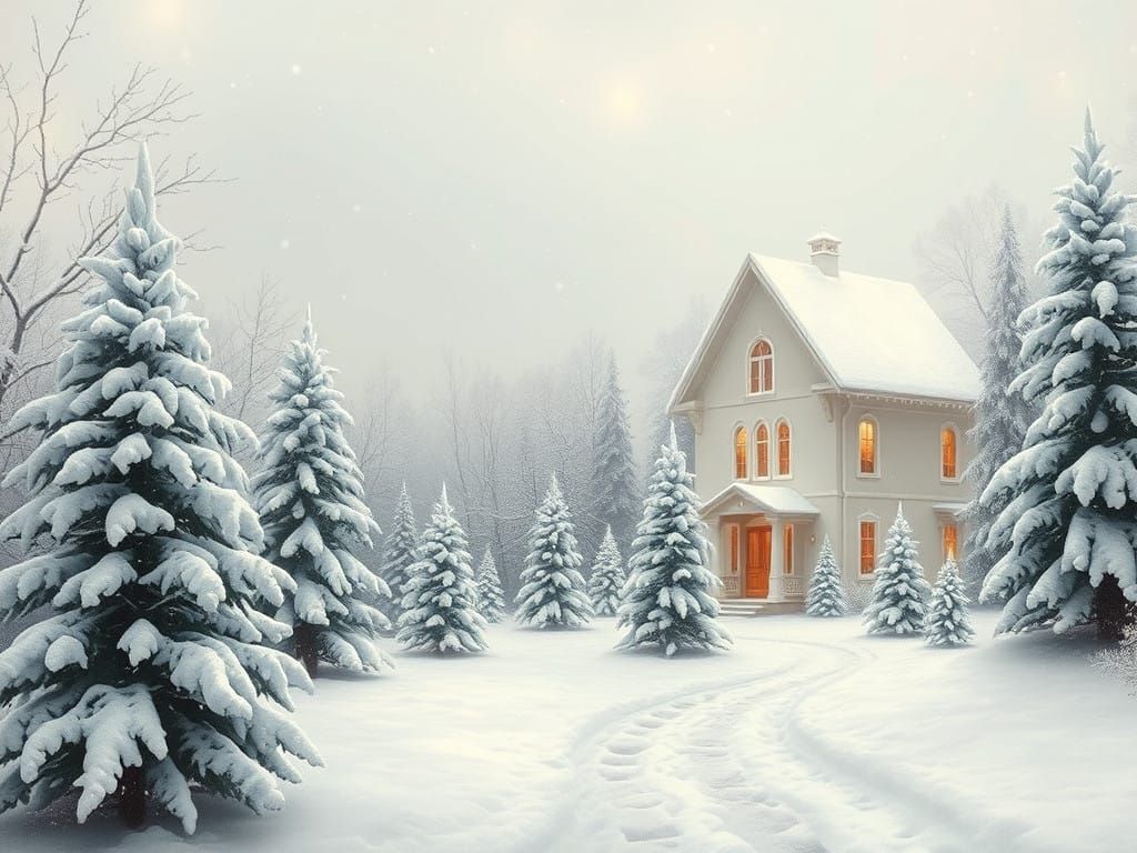 Whimsical Winter Scene in Soft, Monochromatic Hues