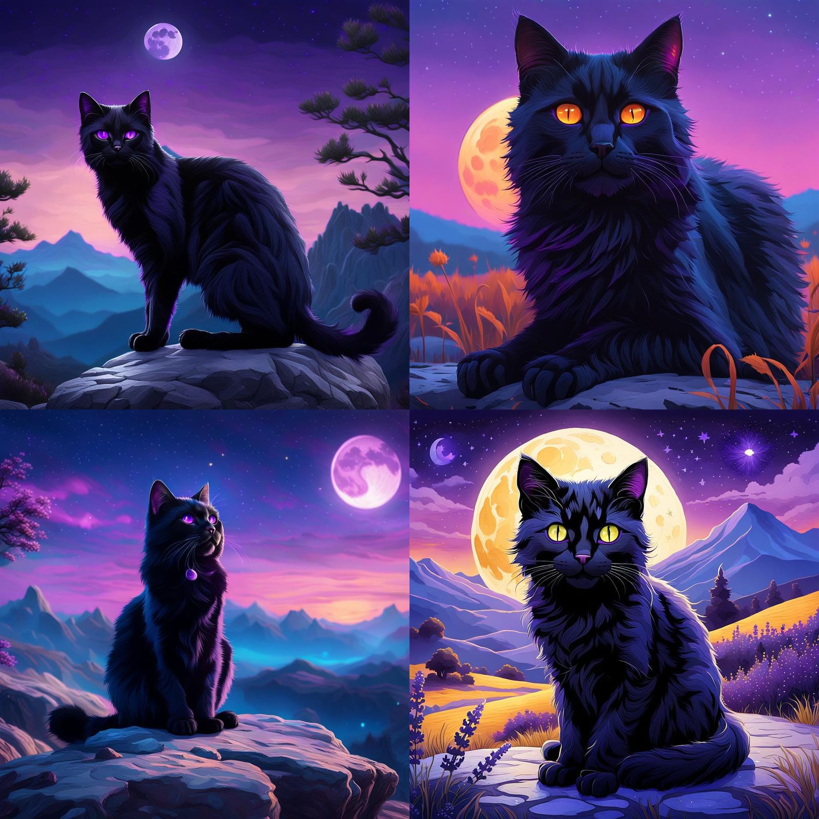Purple-Eyed Black Cat in Dusk Landscape