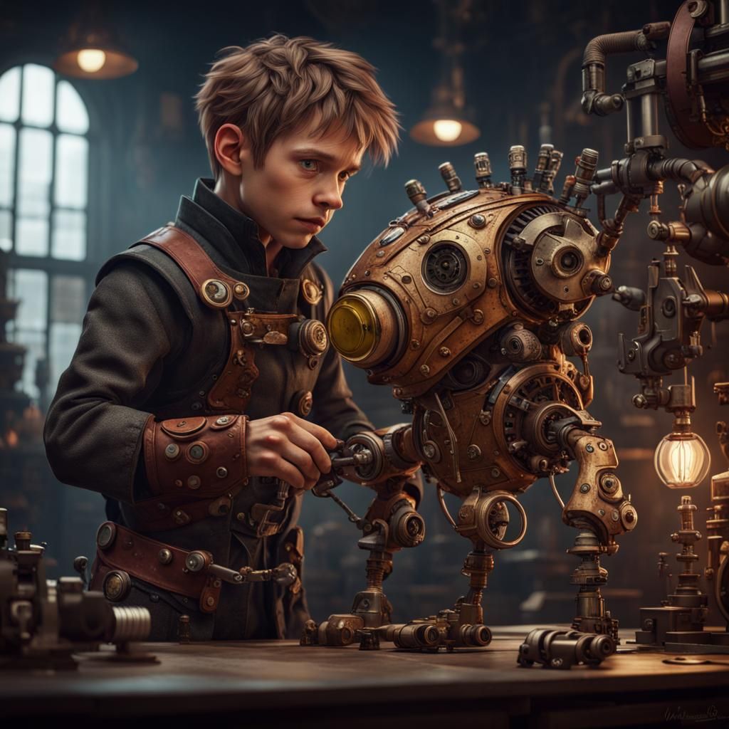 Steampunk Halfling Creates Mechanical Animal in Workshop