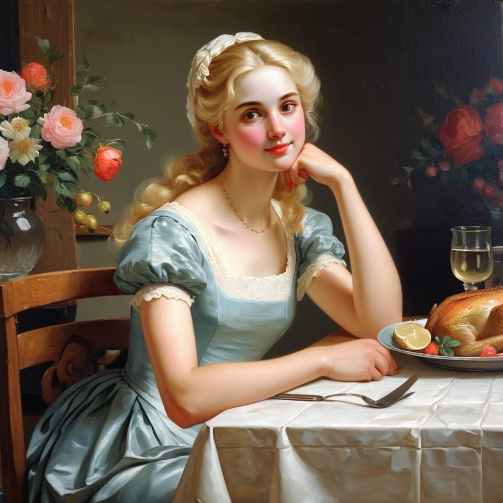 Victorian Woman at Feast Table, Rosy Cheeks, Elegant Paintin...