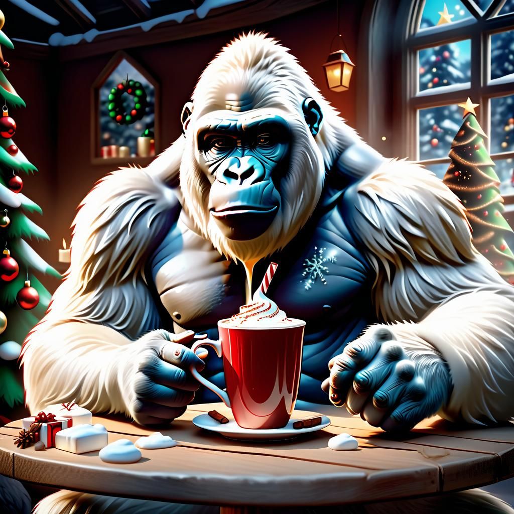Albino Gorilla Celebrates Christmas: Detailed Matte Painting