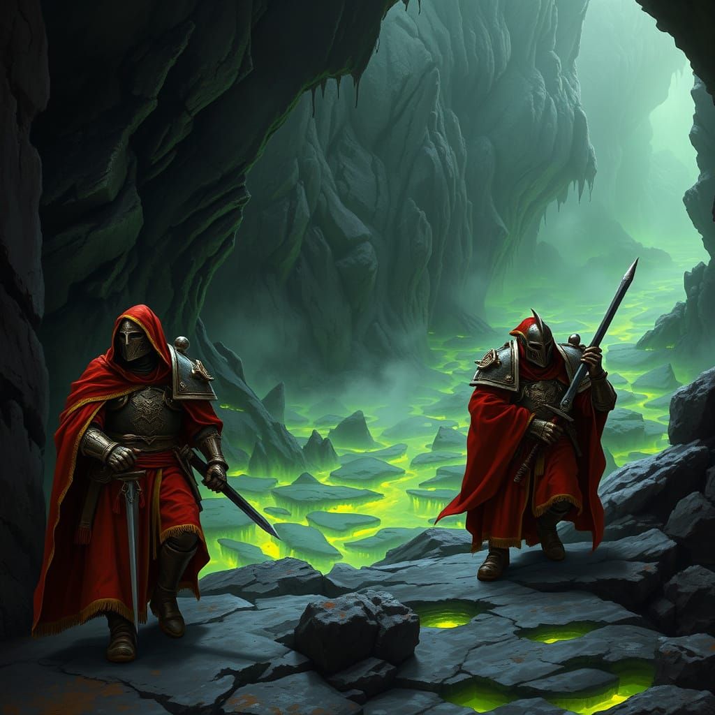 Warhammer Warriors Traverse Luminous Cave in Crimson Cloaks