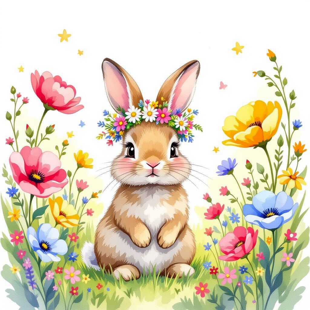 Fluffy Bunny in Wildflower Crown - Whimsical Storybook Art