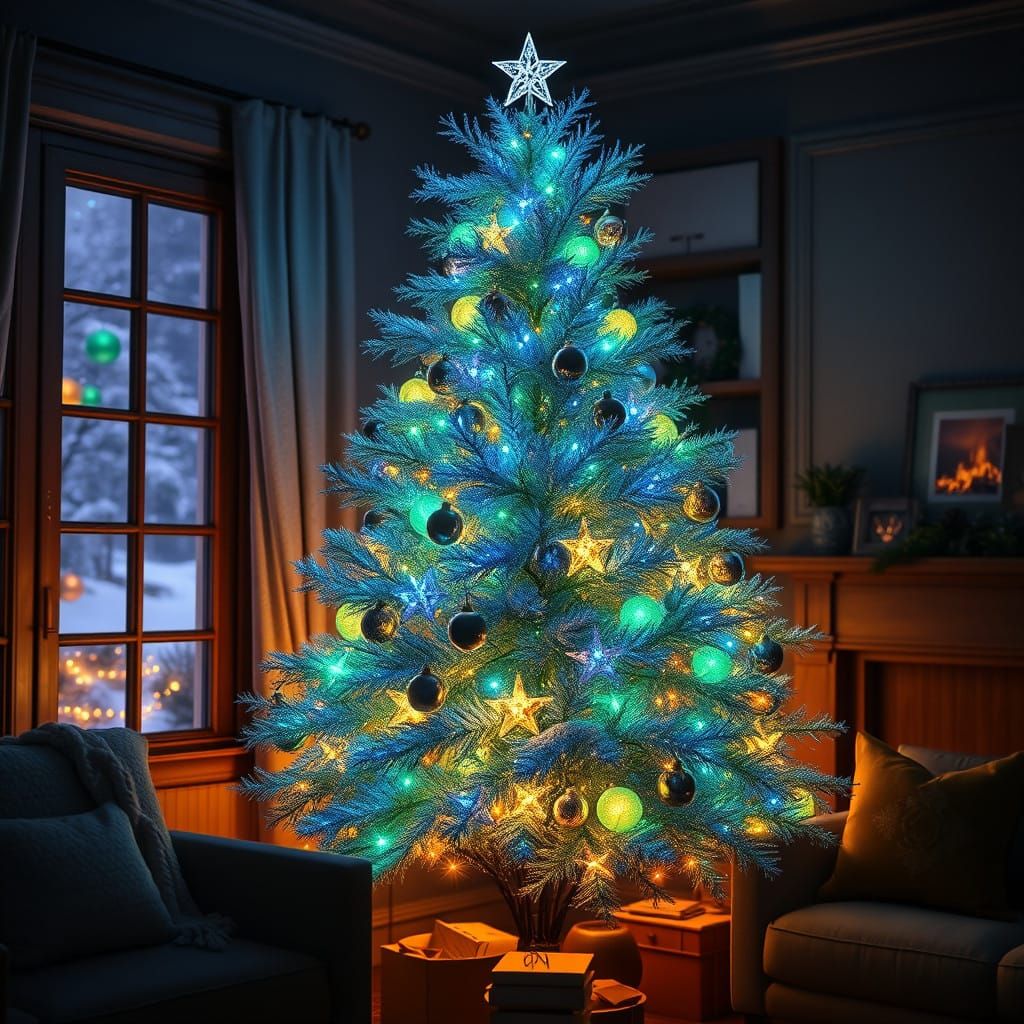 Ethereal Bioluminescent Christmas Tree in a Cozy Winter Wond...