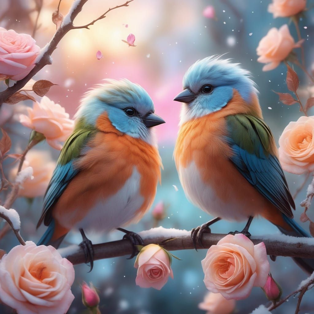 Whimsical Birds in a Dreamy Pink Rose Garden