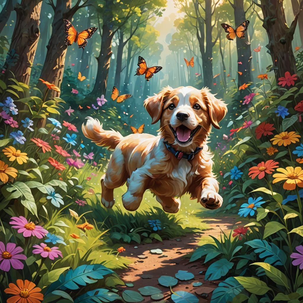 Playful Puppy in Magical Forest Concept Art