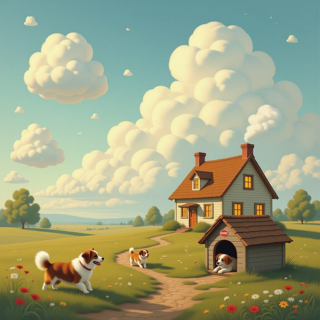 Dreamlike Landscape with Marshmallow Clouds and Cozy Cottage
