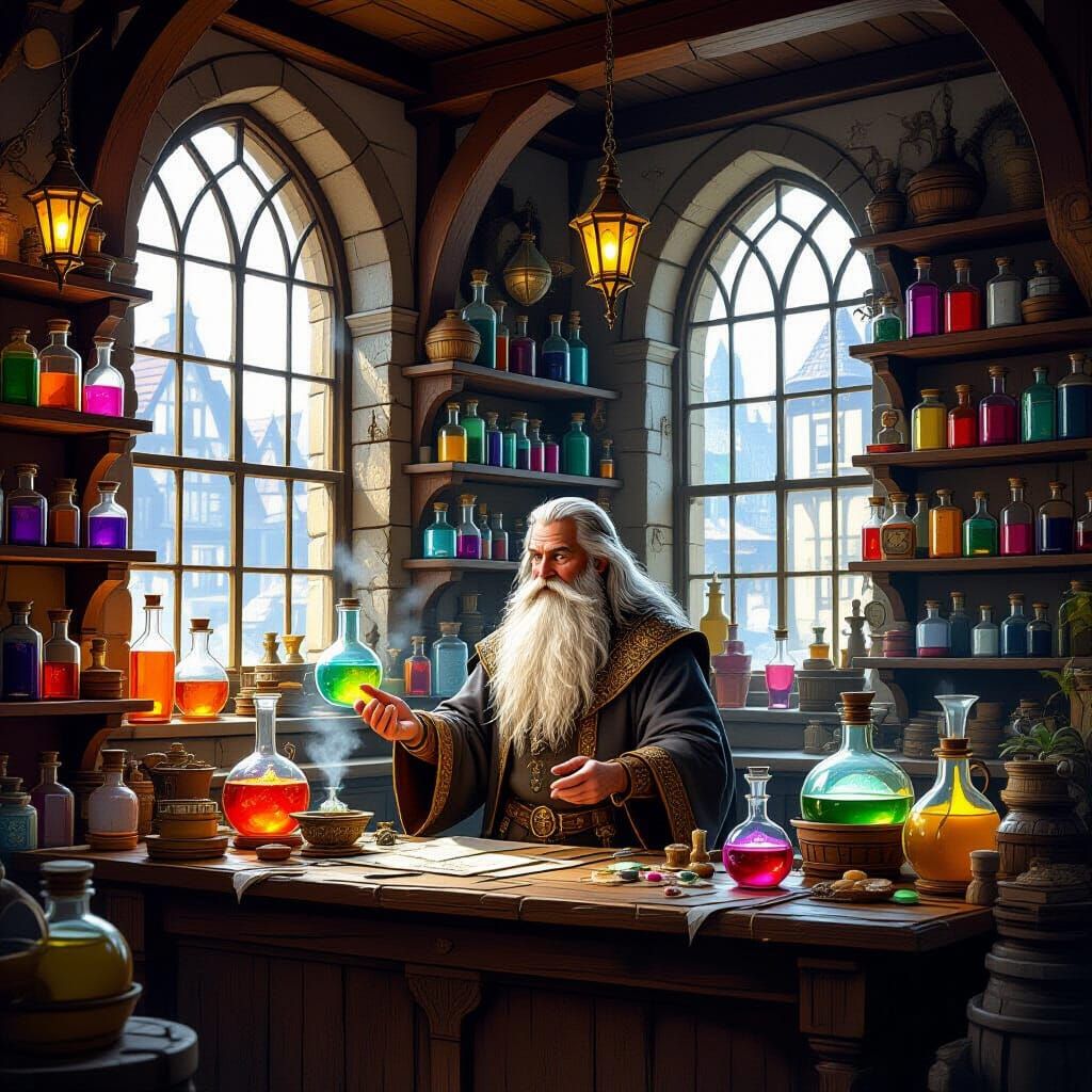 Medieval Alchemy Shop Scene with Potion Brewing