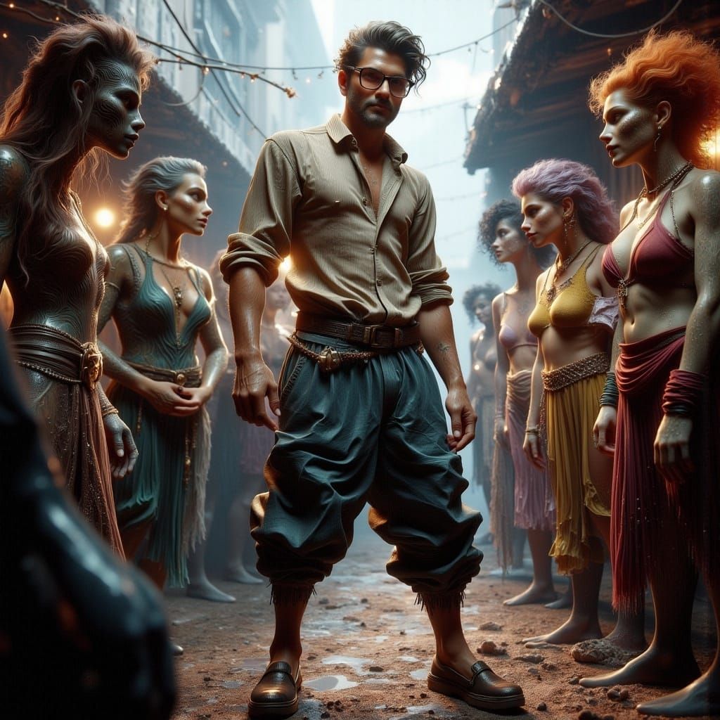 Fantasy Marketplace Scene: Man with Ill-Fitting Trousers