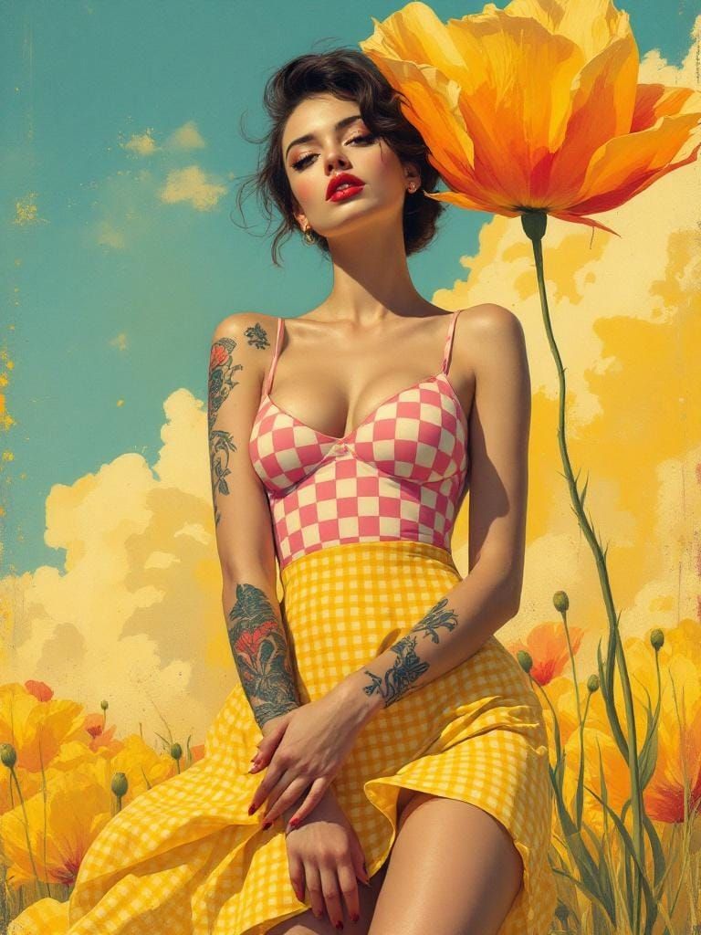 Woman with Giant Poppy in Warm Yellow Fields