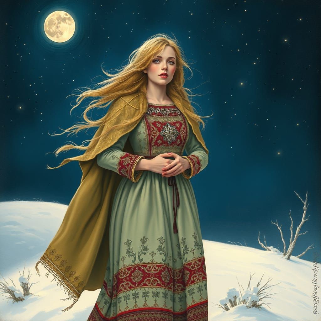 Nordic Woman Singing in Starry Night, Romantic Realism