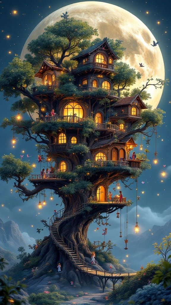 Enchanted Moonlit Treehouse with Whimsical Fairies and Intri...