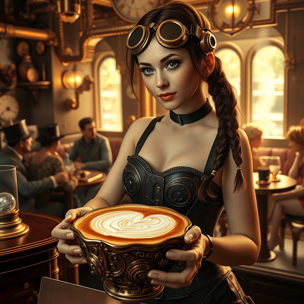 Steampunk Barista Serving Latte in Coffee Shop