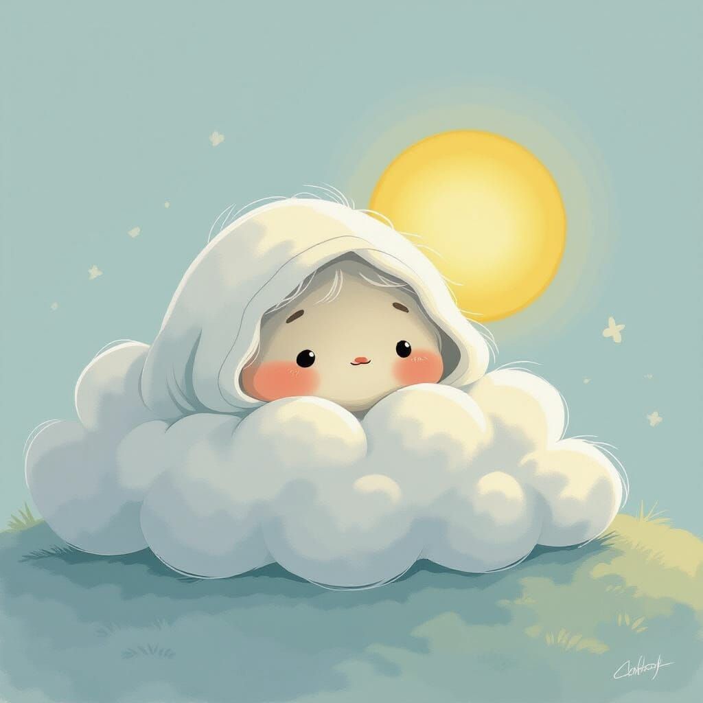 Contemplative Cloud Covers Sun, Children's Cartoon Style