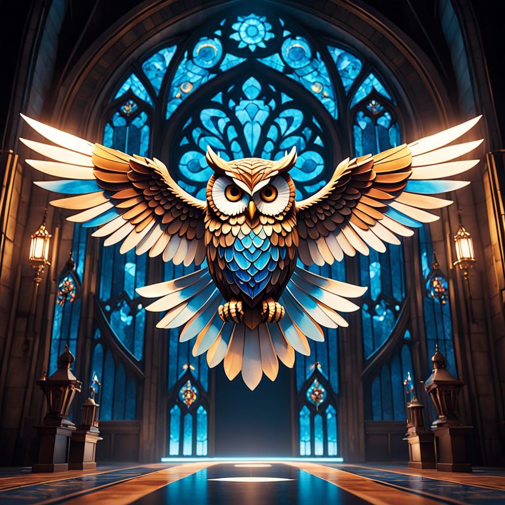 Iridescent Papercraft Owl in Flight