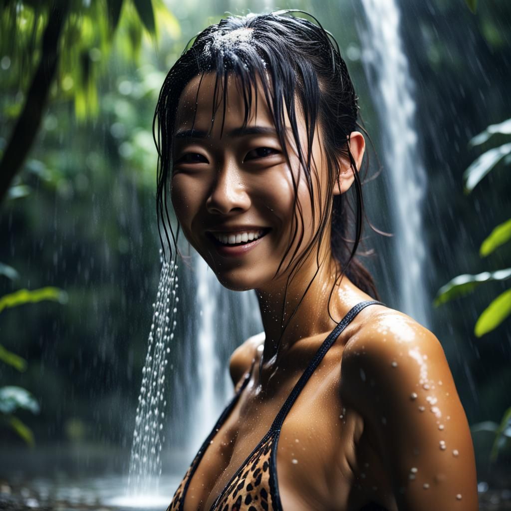 Japanese Woman Showering in Jungle Waterfall