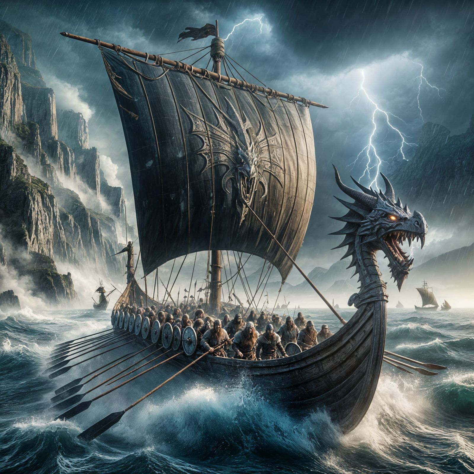 A single mast viking longboat with a dragon figurehead and f...